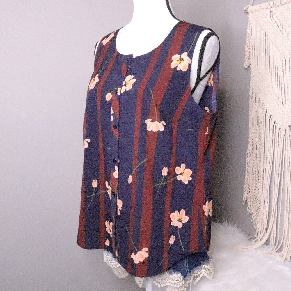 Cabi |‎ Striped Floral Sleeveless Top Medium